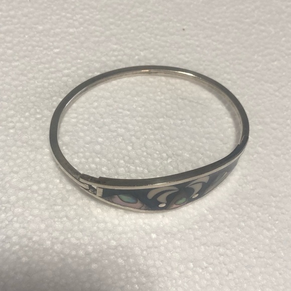 VTG Abalone Inlay Alpaca Silver Bangle Bracelet Palm Tree Mayan Pyramids 6.5” - Picture 3 of 6